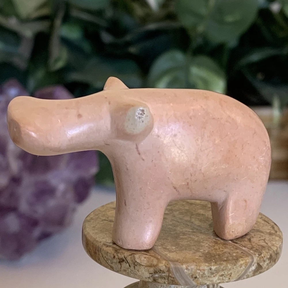 Pink Soapstone HIPPO Figurine Stone Carving Hand Carved Mini Animal Figure 2.3”